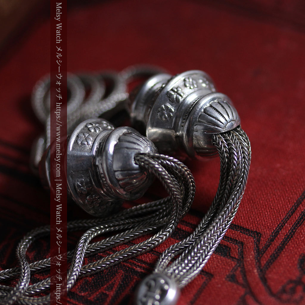 銀無垢アンティーク懐中時計チェーン 銀の紐・銀の飾りに銀の爪楊枝付き 【1900年頃】-C0535-7