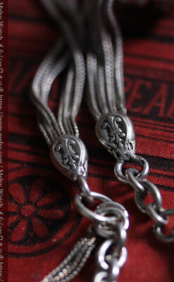 銀無垢アンティーク懐中時計チェーン 銀の紐・銀の飾りに銀の爪楊枝付き 【1900年頃】-C0535-8