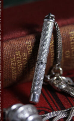 銀無垢アンティーク懐中時計チェーン 銀の紐・銀の飾りに銀の爪楊枝付き 【1900年頃】-C0535-9