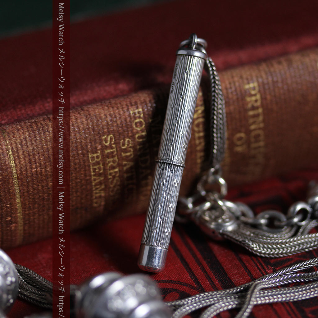 銀無垢アンティーク懐中時計チェーン 銀の紐・銀の飾りに銀の爪楊枝付き 【1900年頃】-C0535-9