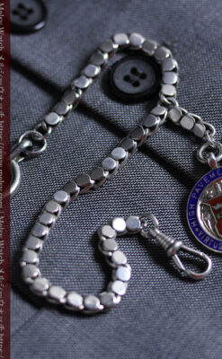 特殊な作りの銀無垢懐中時計チェーン 銀のメダル付き-C0537-5