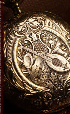 ロンジン 古典的な楽器が並ぶ音楽に携わる方のための金無垢アンティーク懐中時計 【1901年製】箱付き-P2413-1