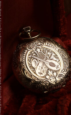 ロンジン 古典的な楽器が並ぶ音楽に携わる方のための金無垢アンティーク懐中時計 【1901年製】箱付き-P2413-3