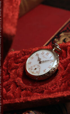 ロンジン 古典的な楽器が並ぶ音楽に携わる方のための金無垢アンティーク懐中時計 【1901年製】箱付き-P2413-5