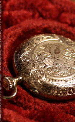 ロンジン 古典的な楽器が並ぶ音楽に携わる方のための金無垢アンティーク懐中時計 【1901年製】箱付き-P2413-8