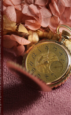 菊花・向日葵のようなケースの凹凸が美しいエルジンの金無垢懐中時計 【1900年頃】-P2414-7
