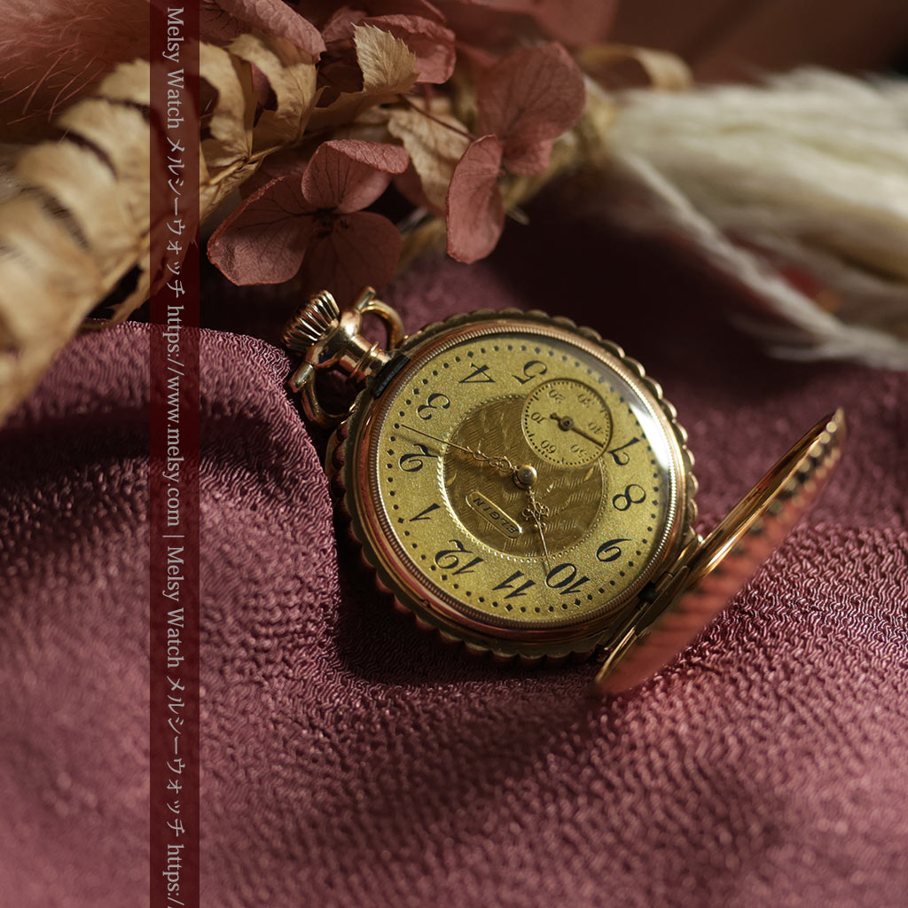 菊花・向日葵のようなケースの凹凸が美しいエルジンの金無垢懐中時計 【1900年頃】-P2414-9