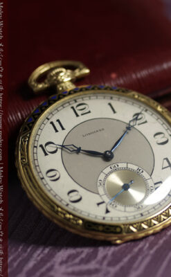 ロンジン 豪華で綺麗な装飾の18金無垢アンティーク懐中時計 【1927年製】箱付き-P2415-9