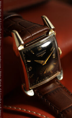 ロンジンの黒い文字盤に金色が映えるアンティーク腕時計 【1953年頃】個性光るラグ-W1683-10