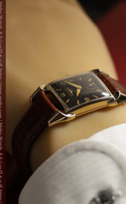 ロンジンの黒い文字盤に金色が映えるアンティーク腕時計 【1953年頃】個性光るラグ-W1683-17