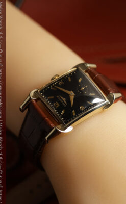 ロンジンの黒い文字盤に金色が映えるアンティーク腕時計 【1953年頃】個性光るラグ-W1683-19