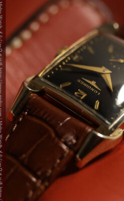 ロンジンの黒い文字盤に金色が映えるアンティーク腕時計 【1953年頃】個性光るラグ-W1683-7