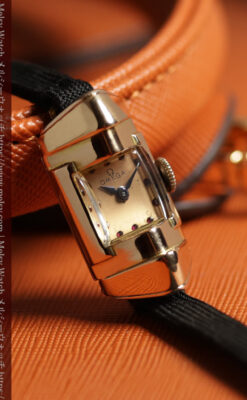 オメガ 18金アンティーク腕時計 超立体デザインとルビーの文字盤 【1940年頃】レディース-W1684-6