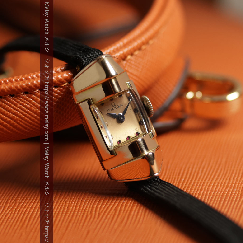 オメガ 18金アンティーク腕時計 超立体デザインとルビーの文字盤 【1940年頃】レディース-W1684-6