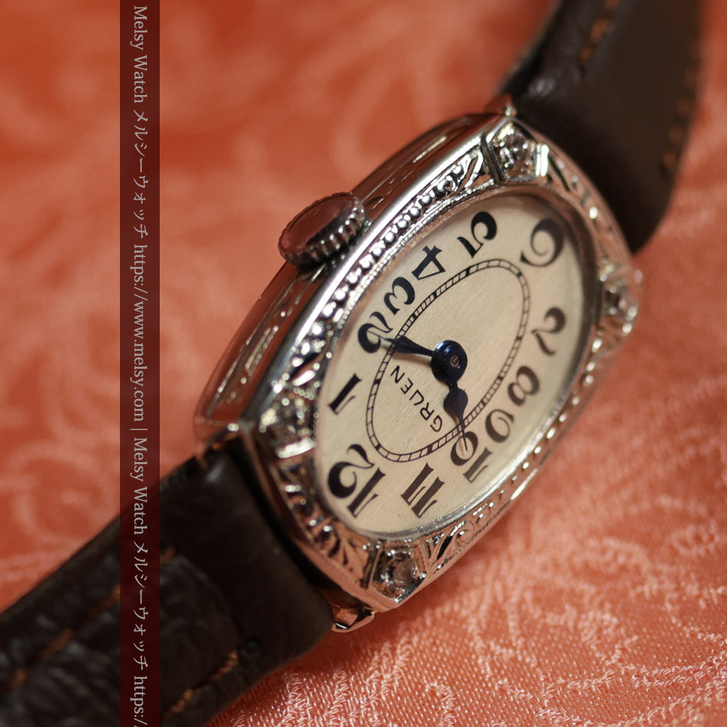 グリュエンの品のある楕円形とダイヤ装飾の金無垢アンティーク腕時計 【1931年頃】レディース-W1685-10