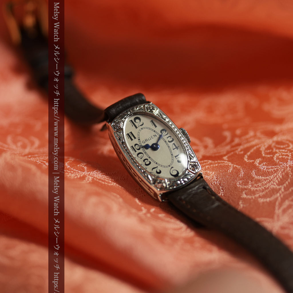 グリュエンの品のある楕円形とダイヤ装飾の金無垢アンティーク腕時計 【1931年頃】レディース-W1685-4