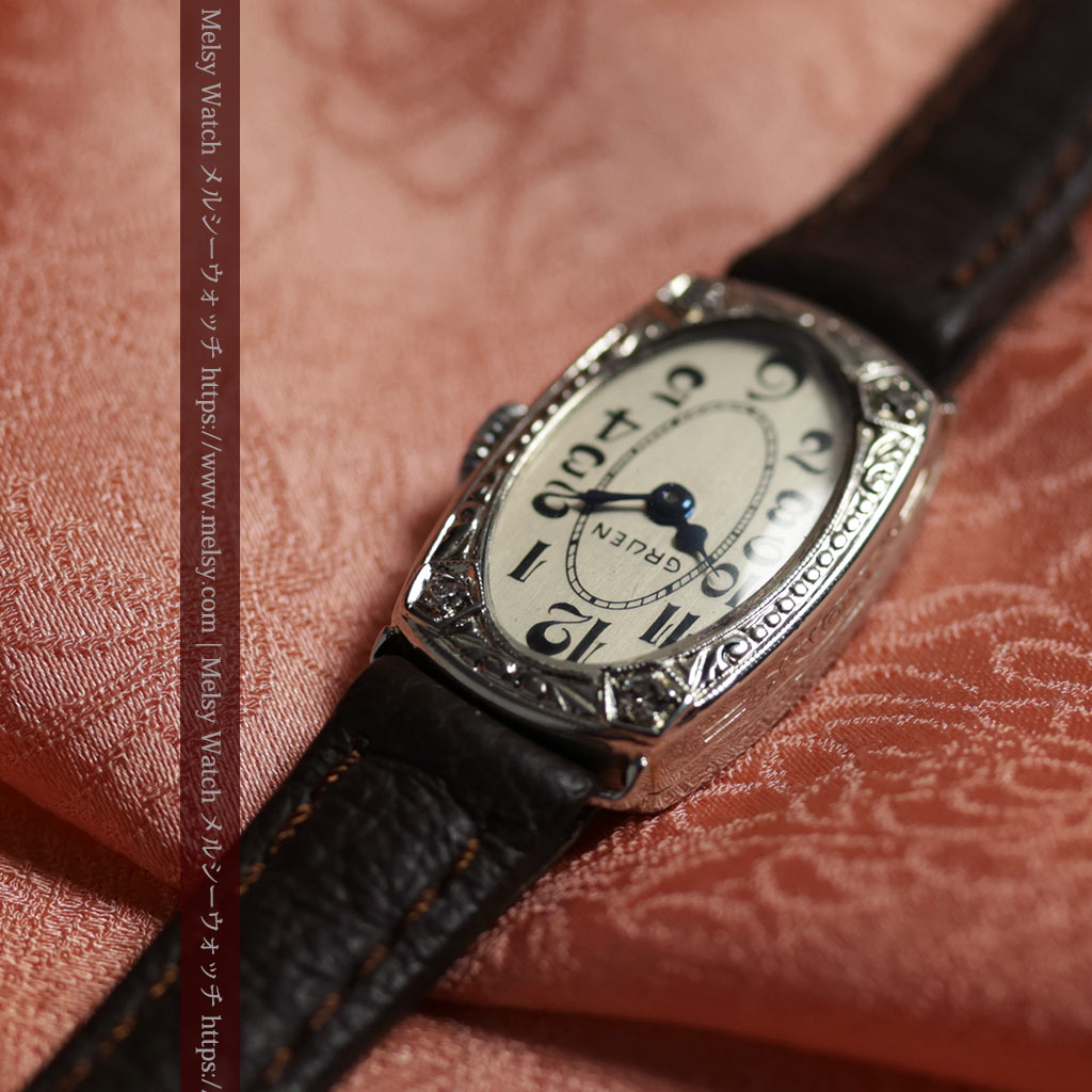 グリュエンの品のある楕円形とダイヤ装飾の金無垢アンティーク腕時計 【1931年頃】レディース-W1685-5