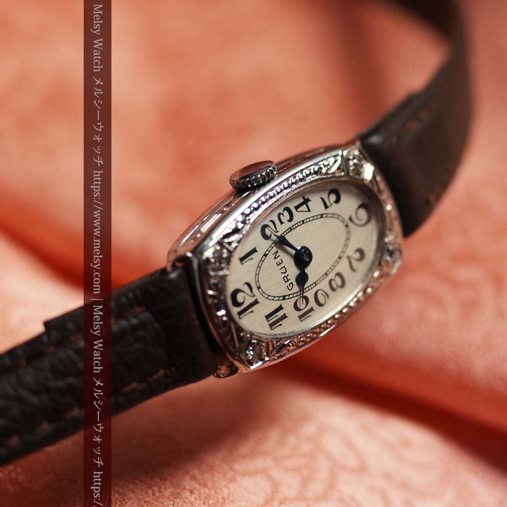 グリュエンの品のある楕円形とダイヤ装飾の金無垢アンティーク腕時計 【1931年頃】レディース-W1685-7