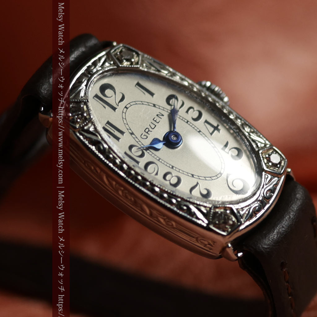 グリュエンの品のある楕円形とダイヤ装飾の金無垢アンティーク腕時計 【1931年頃】レディース-W1685-8