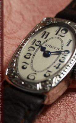 グリュエンの品のある楕円形とダイヤ装飾の金無垢アンティーク腕時計 【1931年頃】レディース-W1685-9