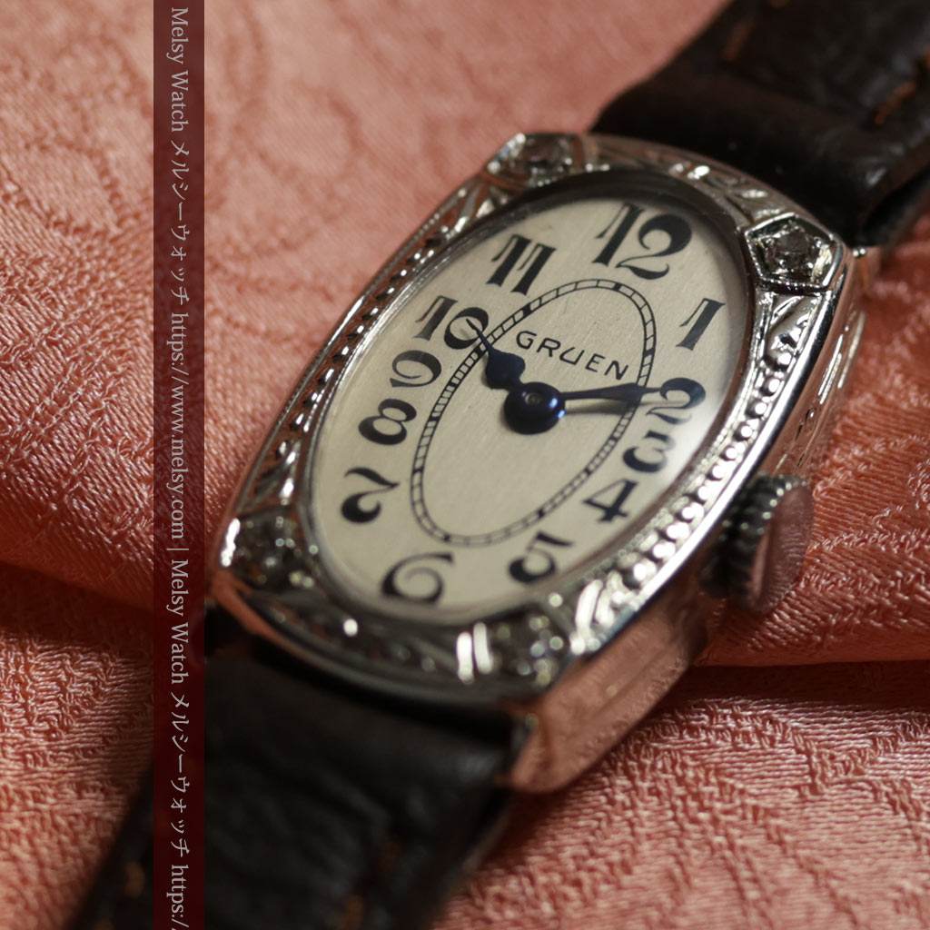 グリュエンの品のある楕円形とダイヤ装飾の金無垢アンティーク腕時計 【1931年頃】レディース-W1685-9