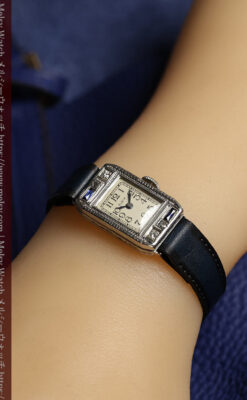 エルジン 女性用アンティーク腕時計 サファイアとダイヤモンド 【1930年頃】細身の縦長-W1688-14