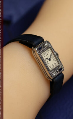 エルジン 女性用アンティーク腕時計 サファイアとダイヤモンド 【1930年頃】細身の縦長-W1688-16