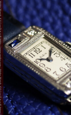 エルジン 女性用アンティーク腕時計 サファイアとダイヤモンド 【1930年頃】細身の縦長-W1688-6