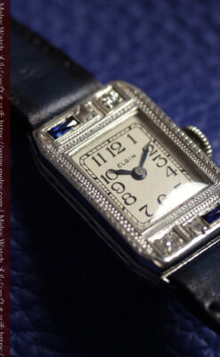 エルジン 女性用アンティーク腕時計 サファイアとダイヤモンド 【1930年頃】細身の縦長-W1688-7