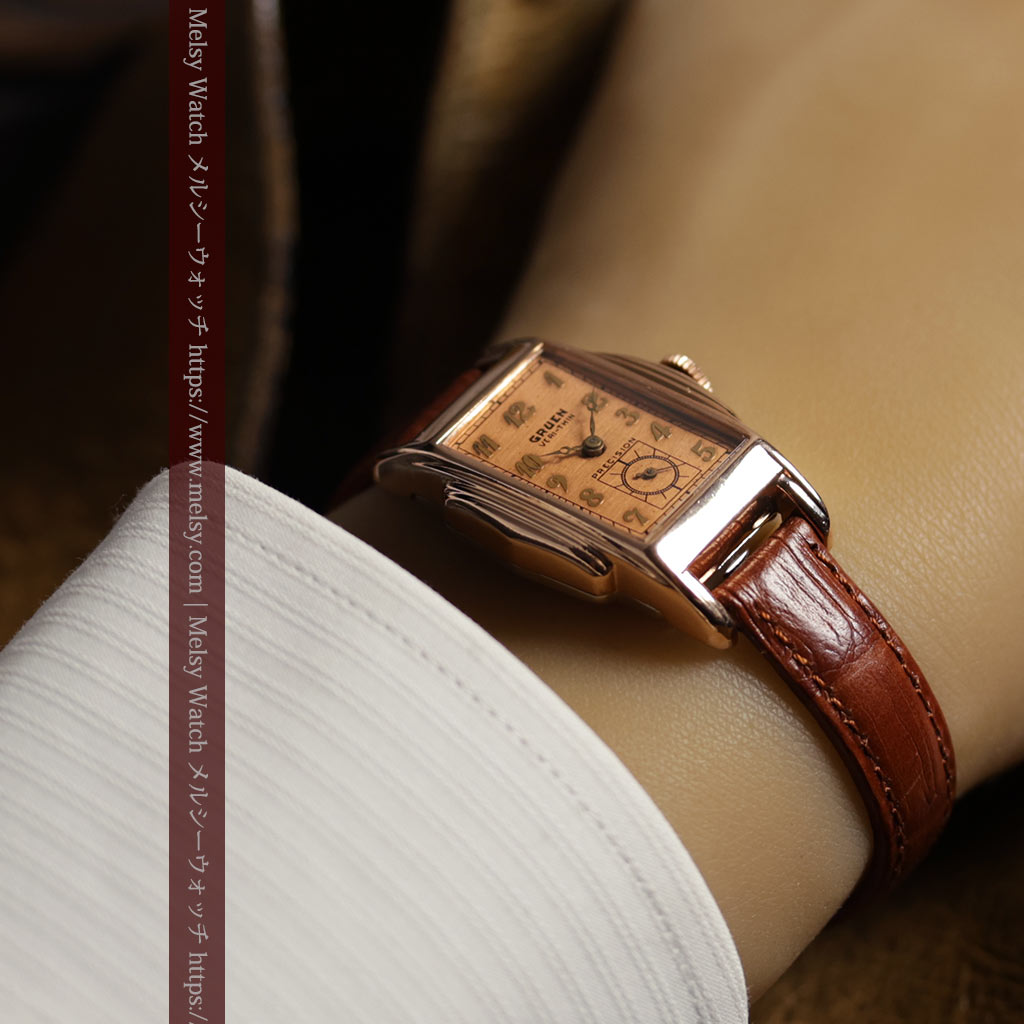 美しく映えるローズ色 グリュエンのアンティーク腕時計 【1940年頃】-W1690-1