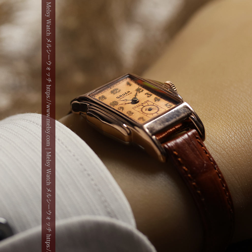 美しく映えるローズ色 グリュエンのアンティーク腕時計 【1940年頃】-W1690-2