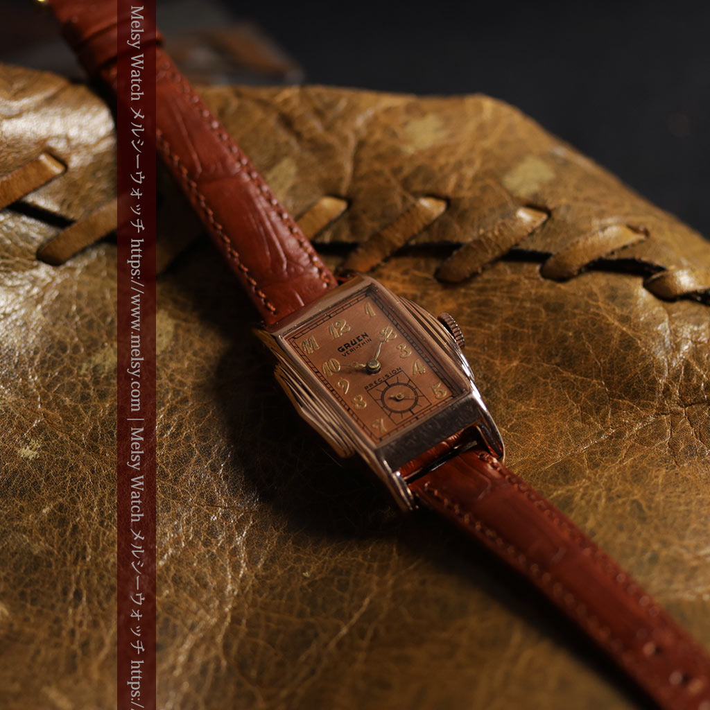 美しく映えるローズ色 グリュエンのアンティーク腕時計 【1940年頃】-W1690-4