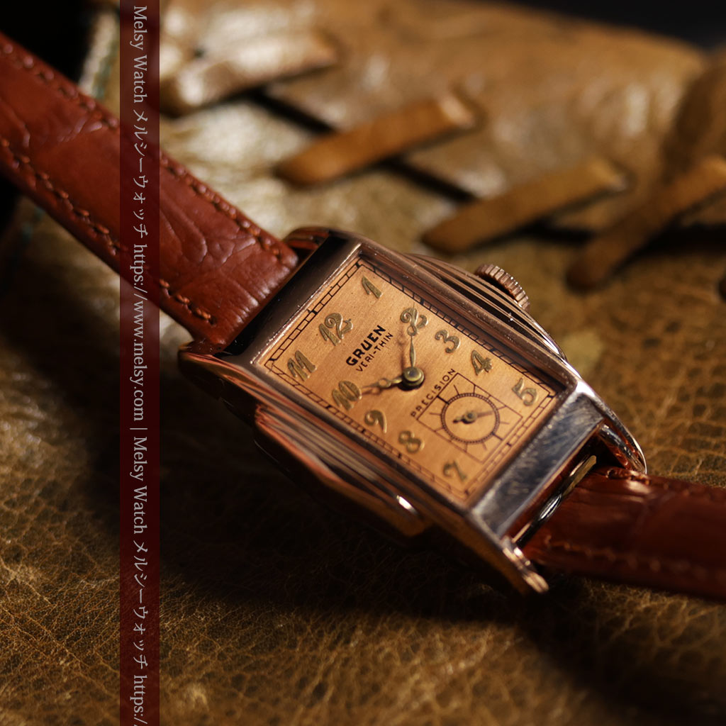 美しく映えるローズ色 グリュエンのアンティーク腕時計 【1940年頃】-W1690-5