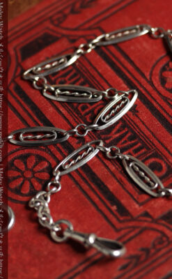 装飾性のある幅広細身で軽量の銀無垢アンティーク懐中時計チェーン-C0547-12