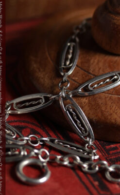 装飾性のある幅広細身で軽量の銀無垢アンティーク懐中時計チェーン-C0547-5