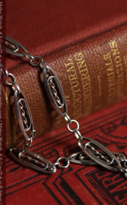 装飾性のある幅広細身で軽量の銀無垢アンティーク懐中時計チェーン-C0547-6