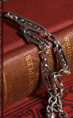 装飾性のある幅広細身で軽量の銀無垢アンティーク懐中時計チェーン-C0547-7