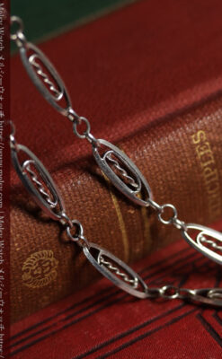 装飾性のある幅広細身で軽量の銀無垢アンティーク懐中時計チェーン-C0547-8