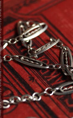 装飾性のある幅広細身で軽量の銀無垢アンティーク懐中時計チェーン-C0547-9