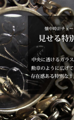 勲章のように見せて着けるガラスの飾り付き アンティーク懐中時計チェーン-C0548-0