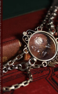 勲章のように見せて着けるガラスの飾り付き アンティーク懐中時計チェーン-C0548-10