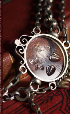 勲章のように見せて着けるガラスの飾り付き アンティーク懐中時計チェーン-C0548-11