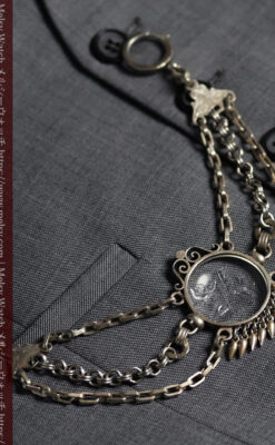 勲章のように見せて着けるガラスの飾り付き アンティーク懐中時計チェーン-C0548-12