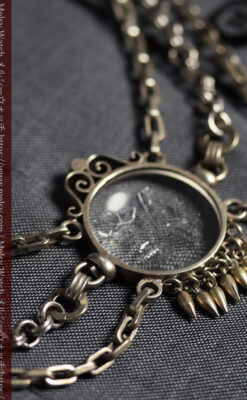 勲章のように見せて着けるガラスの飾り付き アンティーク懐中時計チェーン-C0548-13