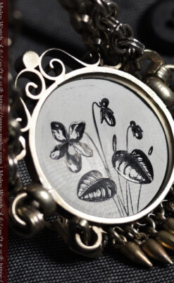 勲章のように見せて着けるガラスの飾り付き アンティーク懐中時計チェーン-C0548-14