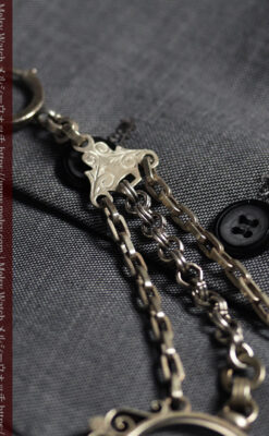 勲章のように見せて着けるガラスの飾り付き アンティーク懐中時計チェーン-C0548-15