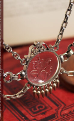 勲章のように見せて着けるガラスの飾り付き アンティーク懐中時計チェーン-C0548-3