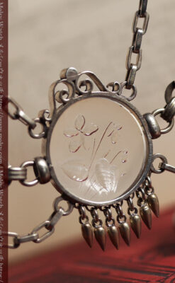 勲章のように見せて着けるガラスの飾り付き アンティーク懐中時計チェーン-C0548-4