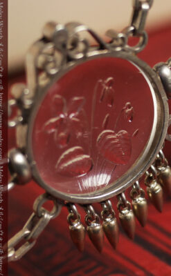 勲章のように見せて着けるガラスの飾り付き アンティーク懐中時計チェーン-C0548-5