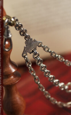 勲章のように見せて着けるガラスの飾り付き アンティーク懐中時計チェーン-C0548-7